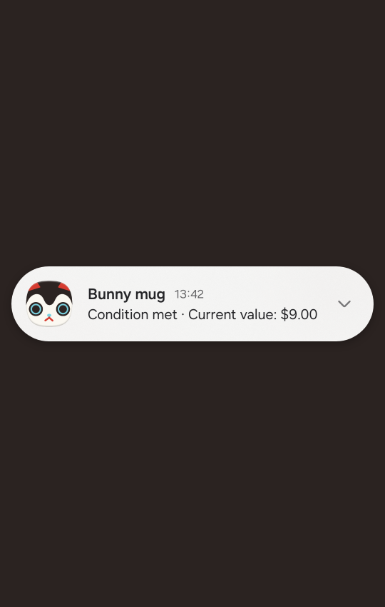 A Mihariko notification: Bunny mug. Condition met · Current value: $9.00