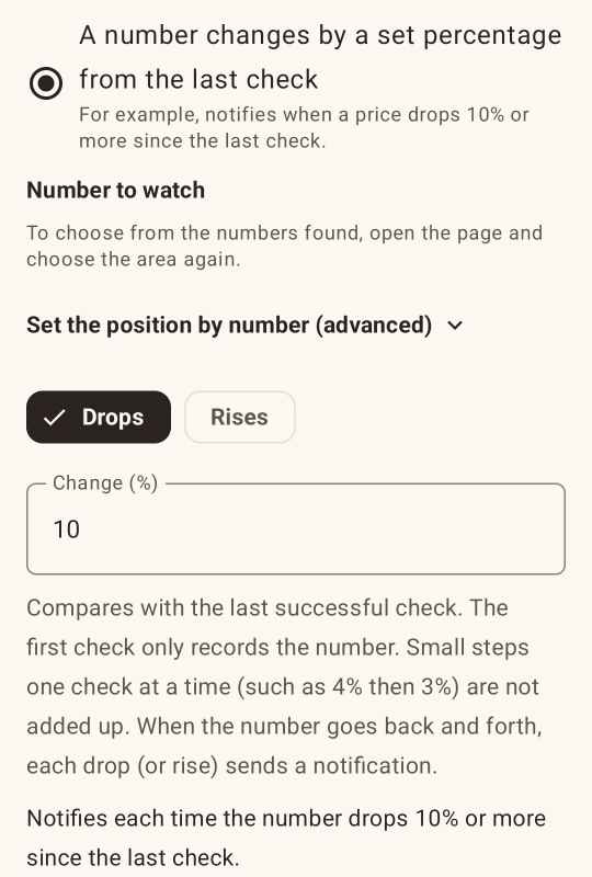 Setting the rule to notify each time the number drops 10% or more since the last check