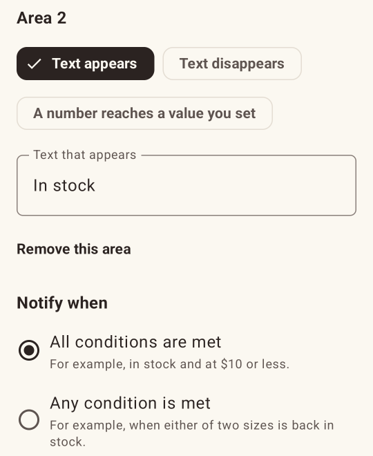 Area 2 set to In stock, with All conditions are met chosen