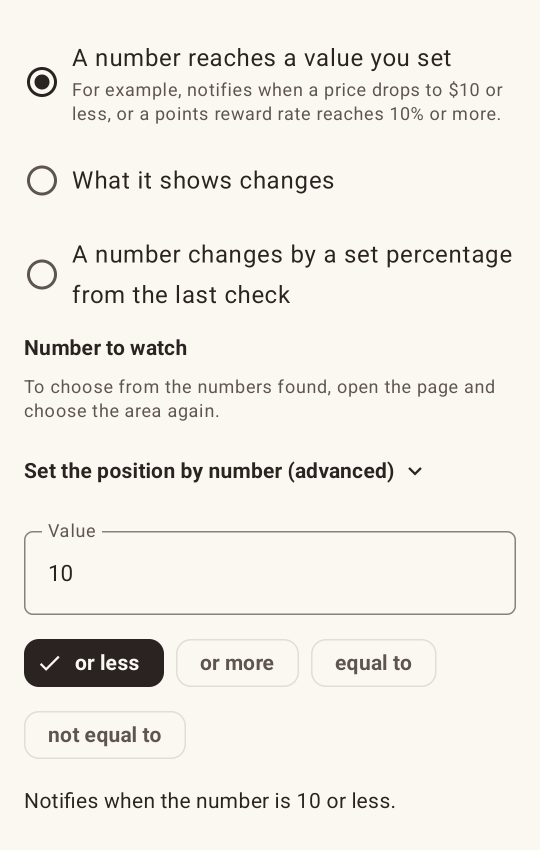 Setting the rule to notify when the number is 10 or less