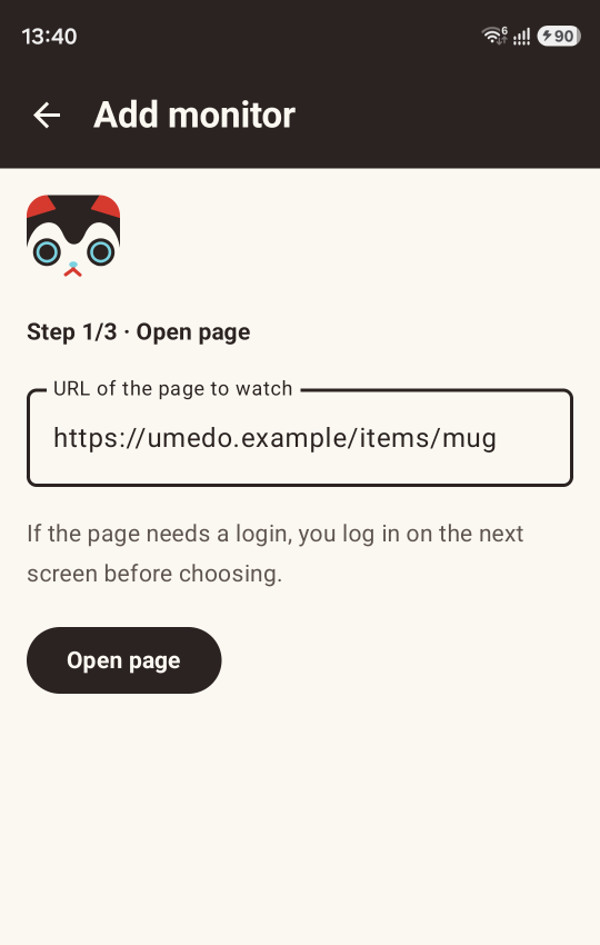 The Add monitor screen with the bunny mug page’s URL entered